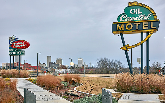 Tulsa, OK - Replica signs1958 Oil Capital Motelearly-1940s Will Rogers Motor CourtCyrus Avery Centennial PlazaHighsmith2020