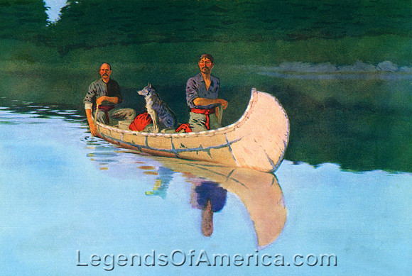 Two Men & Dog in Canoe