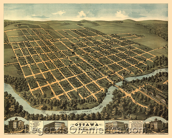 Ottawa, KS - Bird's Eye View, 1872