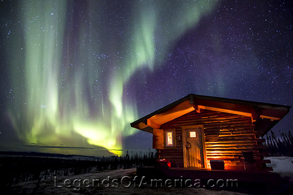 Steese Highway, AK - Northern Lights & Cabin