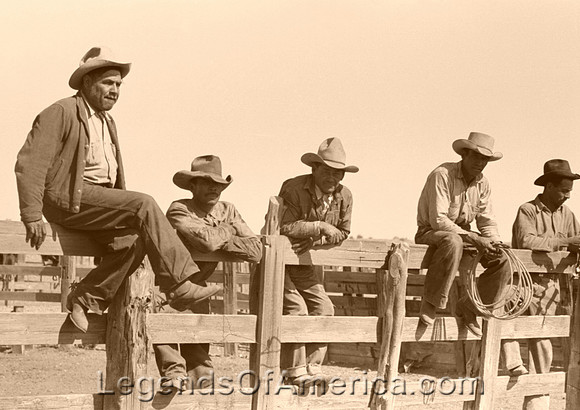Marfa, TX - Cowboys on a fence, 1939